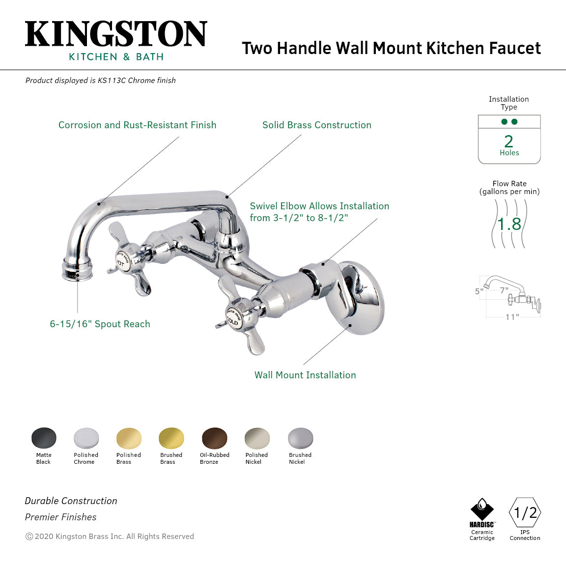 Kingston Heirloom KS113SB - Essex Two-Handle 2-Hole Wall Mount Bridge Kitchen Faucet, Brushed Brass — thumbnail 2